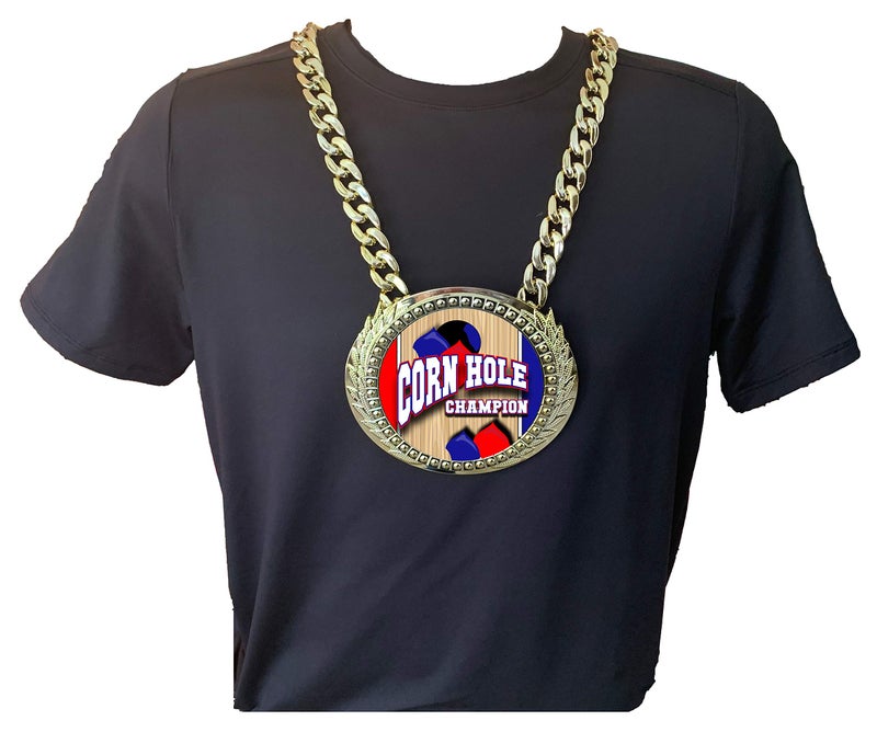 Express Medals Cornhole Bag Toss Champ Chain Trophy Award with a Center Plaque Plate Measuring 6 by 5.25 Inches and Includes a 34 Inch Chain with Black Velvet Presentation Bag. - Image 3